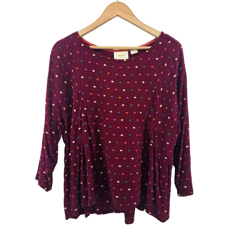 Maeve Blouse Womens M Embroidered Tufted Clip Dot Burgundy 3/4 Sleeve EUC